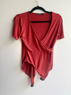 Nasty Gal Red Short-Sleeve Wrap Bodysuit
